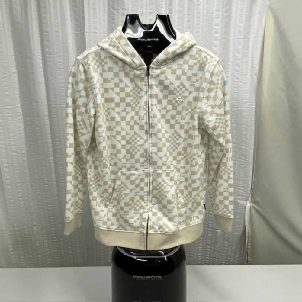 Vans Hoodie Mens L Cream Beige Checkerboard Full Zip Fleece Skate Streetwear